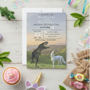 Ringa alla Dinosaurie Enhörningar Tvilling Födelse Inbjudningar