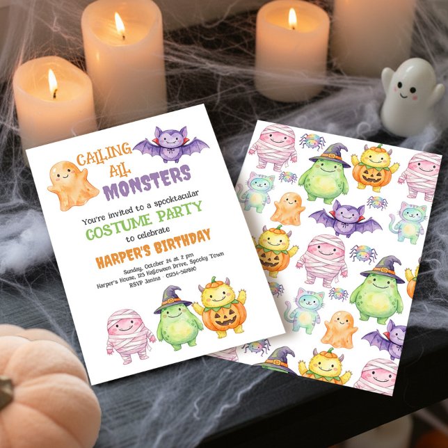 Ringa in alla monster barn kostym fest födelsedag inbjudningar (Calling All Monsters Halloween Costume Kids Birthday Invitation by Darling & May)