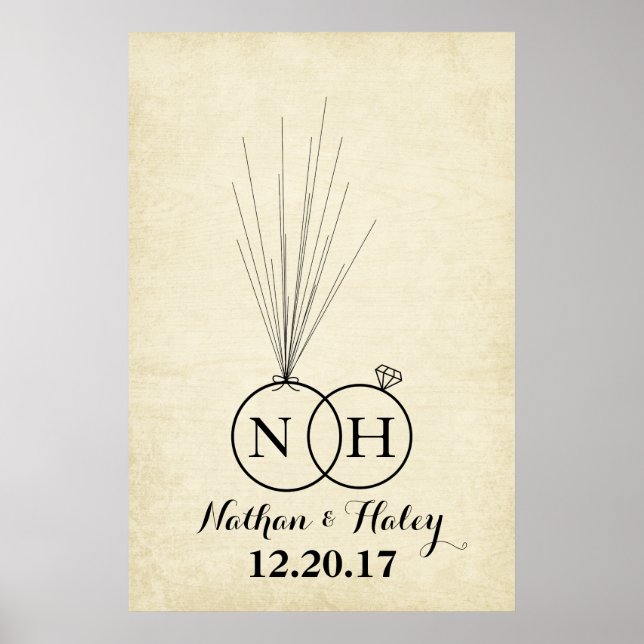 Ringar Initial Ballong Tumavtryck Bröllop Gästbok Poster (Framsidan)