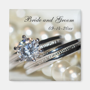 Ringar och vita pärlor Bröllop spara datum Magnet