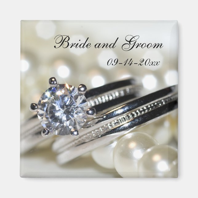 Ringar och vita pärlor Bröllop spara datum Magnet (Framsidan)