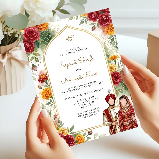 Ringblomma och röda rosor Båg Floral Sikh Bröllop Inbjudningar (Skapare uppladdad)