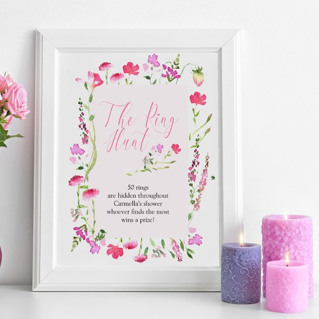 Ringjaktspel Rosa vildblomma Bröllopsdusch Poster (Ring Hunt bridal shower game sign from my Pink Wildflower Collection.)
