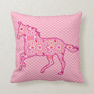 Rinnande hästSilhouette, Fuchsia och korallrosor Kudde
