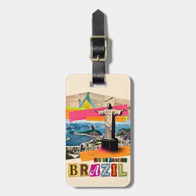 Rio de Janeiro Brasil Kristus Retro Collage Resa Bagagebricka (Vertikal Framsida)