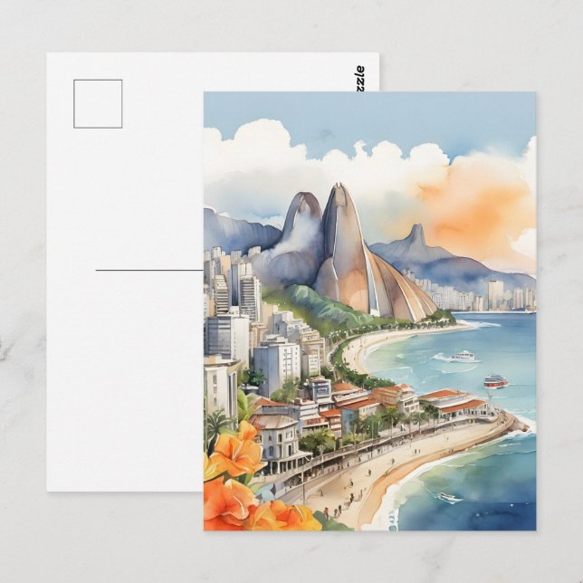 Rio De Janeiro vattenfärgsart Vykort (Fram/baksida)
