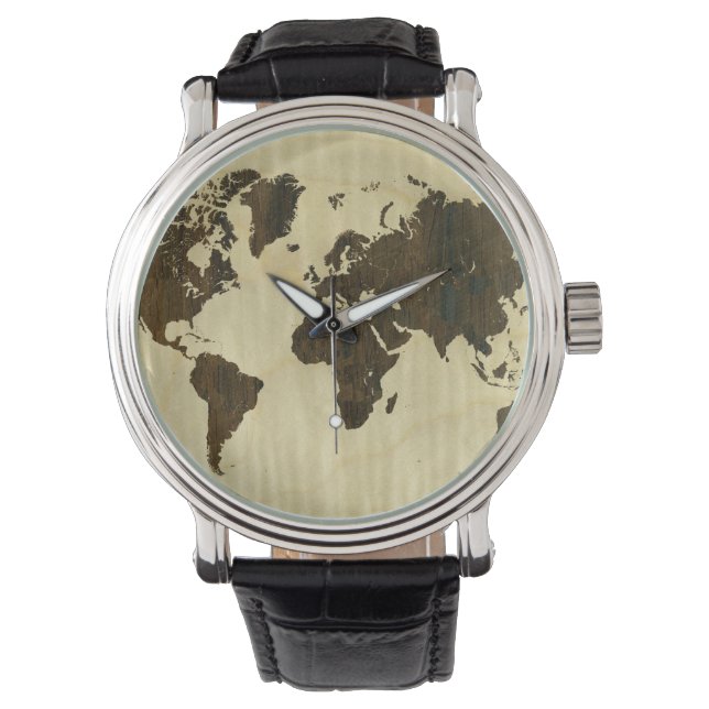Rio Rosewood och Curly Maple World Map Armbandsur (Framsida)