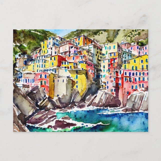 Riomaggiore, Italia,Vattenfärg Vykort (Framsida)