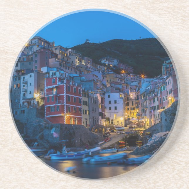 Riomaggiore på natten Cinque Terre Liguria Italien Underlägg Sandsten (Framsidan)
