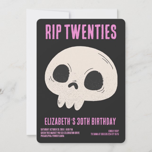 RIP 20:s Black Rosa Funny Skull 30års födelsedag P Inbjudningar (Framsida)