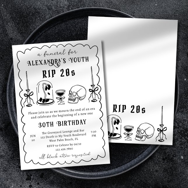 RIP 20:s Doodle Scribble Funeral 30års födelsedag Inbjudningar (Skapare uppladdad)