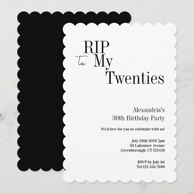 RIP 20-talet 30-års födelsedags Minimal Fest Inbjudningar (Fram/baksida)