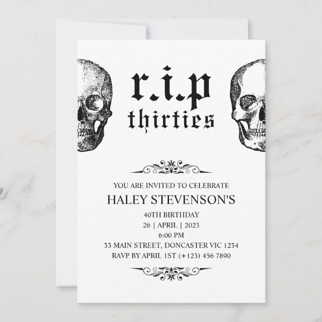 RIP 30s 200 Funny Funeral Skull 40:e födelsedagen Inbjudningar (Framsida)