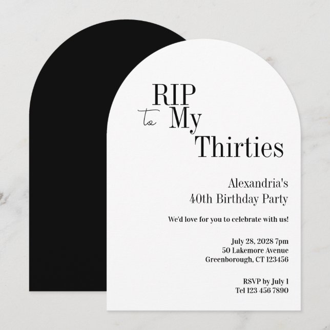 RIP 30s 40th Birthday Black White Minimal Party Inbjudningar (Fram/baksida)