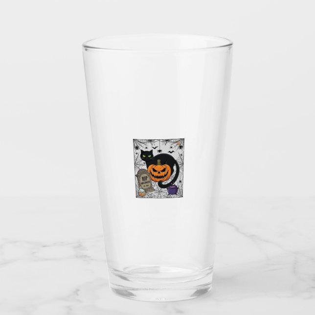 Rip Halloween Svart Katt Pumpa Gravsten Kittel Glaskopp (Framsida)