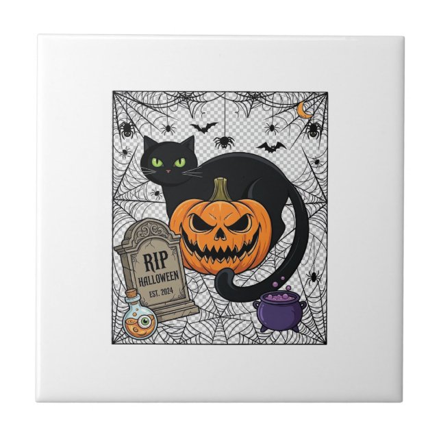 Rip Halloween Svart Katt Pumpa Gravsten Kittel Kakelplatta (Framsidan)