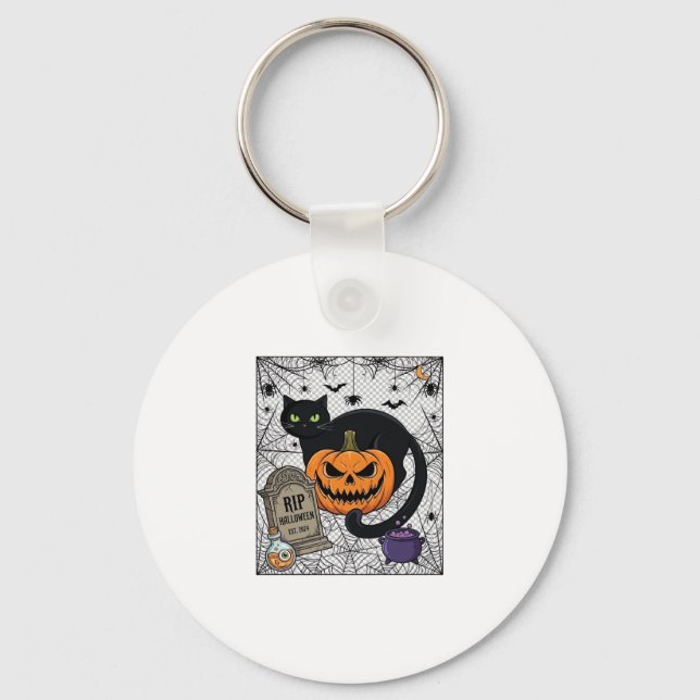 Rip Halloween Svart Katt Pumpa Gravsten Kittel Nyckelring (Framsida)
