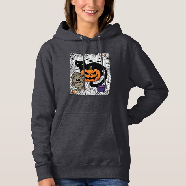 Rip Halloween Svart Katt Pumpa Gravsten Kittel T Shirt (Framsida)