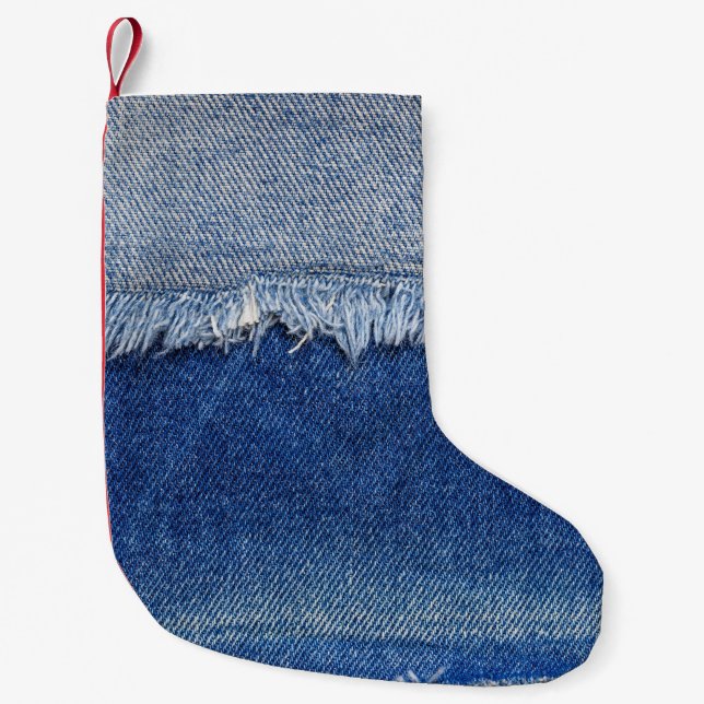 Rippad Denim Jeans Fabric-bakgrund Liten Julstrumpa (Framsidan)
