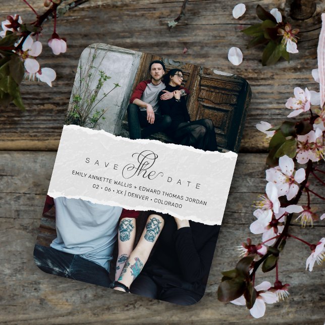 Ripped Paper Effect Wedding Custom Photo Script Magnet (Skapare uppladdad)