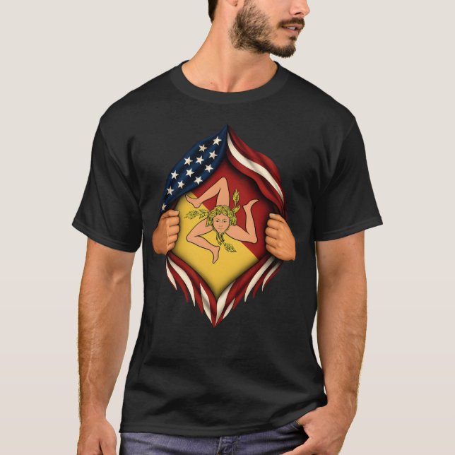 Rippskjortdesign Siciliansk amerikansk flagga T Shirt (Framsida)