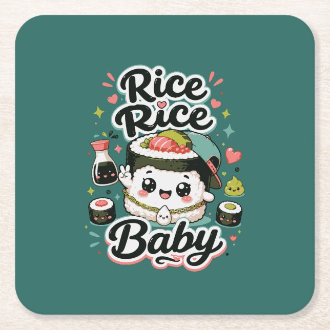 Ris Ris Bebis Kawaii Sushi Underlägg Papper Kvadrat (Framsidan)