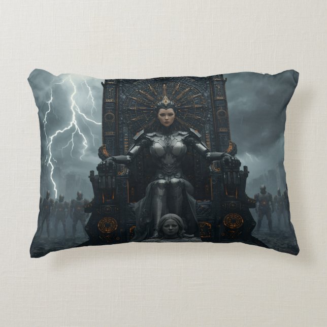 Rise of the AI Empress: Sci fi Cyberpunk Pillow Prydnadskudde (Framsidan)