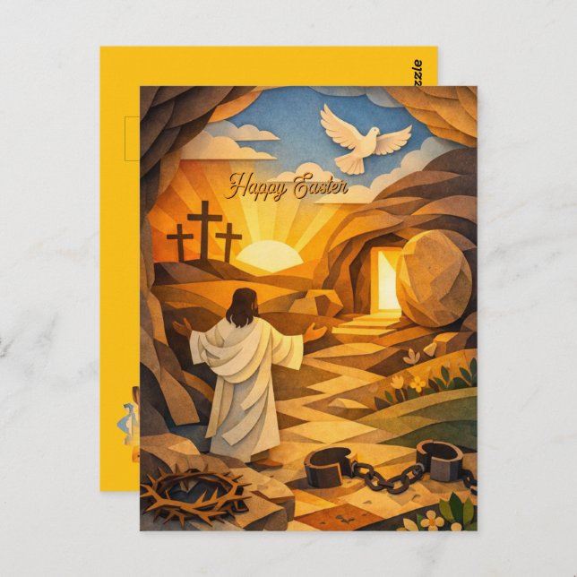 Risen Jesus Empty Tomb 3D Papercut Easter Postcard Vykort (Fram/baksida)