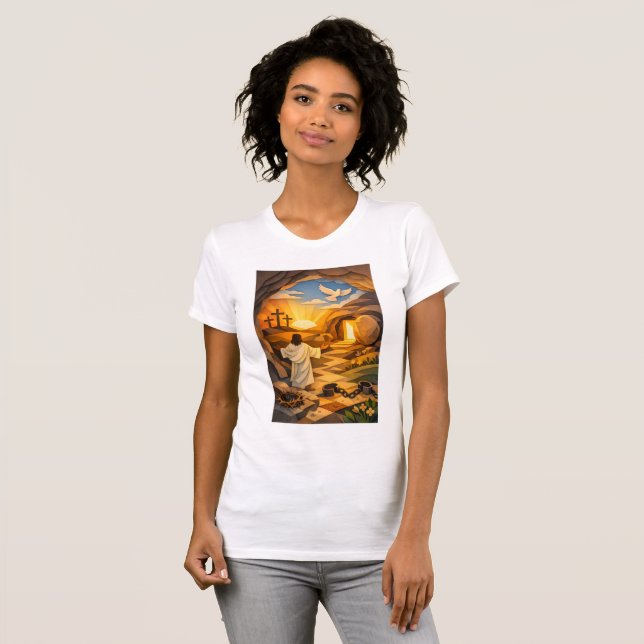 Risen Jesus Empty Tomb 3D Papercut Easter Women's  T Shirt (Hel framsida)