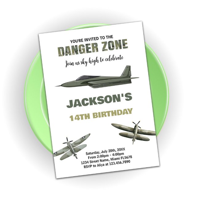 Risk för Zona jakt på födelsedagsinbjudningar till Inbjudningar (Danger Zone Fighter Jet Birthday Invitations)