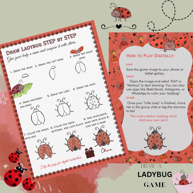 Rita en nyckelpiga Bebisdusch spel | Digital & uts Inbjudningar (Draw a Ladybug Baby Shower Game  Digital & Print Invitation)