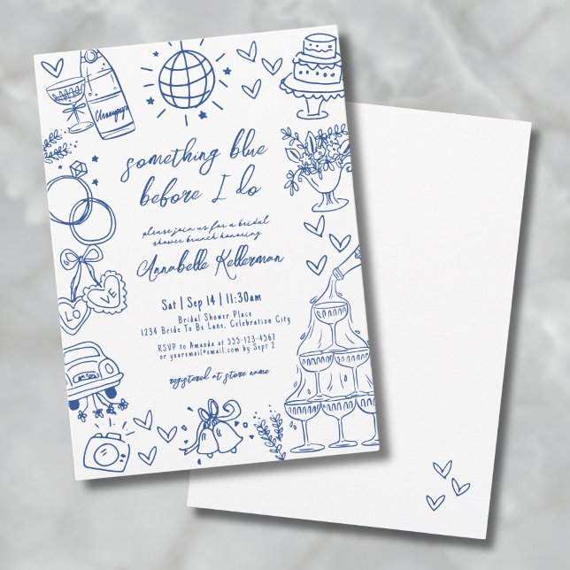 Rita något blått innan jag gör Möhippa Inbjudningar (Drawn Something Blue Before I Do Bridal Shower Invitation)