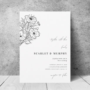 Ritad Blommigt Sketch Botanical Monogram Bröllop Inbjudningar