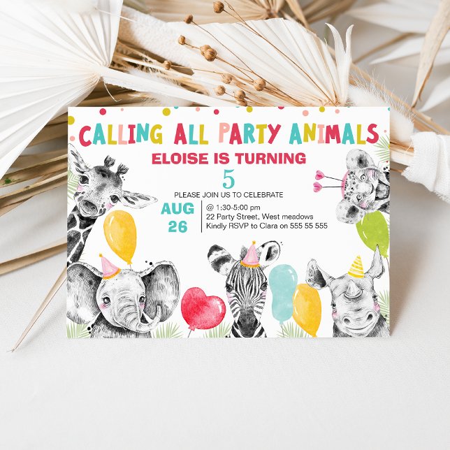 Ritad med anrop till alla Party-djur Safari-födels Inbjudningar (Colorful Calling All Party Animals Safari Birthday Invitation, Jungle Animals, Balloons, Party Hats)