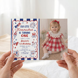 Ritad röd vit blå 1-års födelsedagsfoto inbjudan