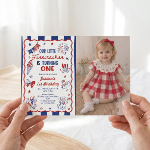 Ritad röd vit blå 1-års födelsedagsfoto inbjudan