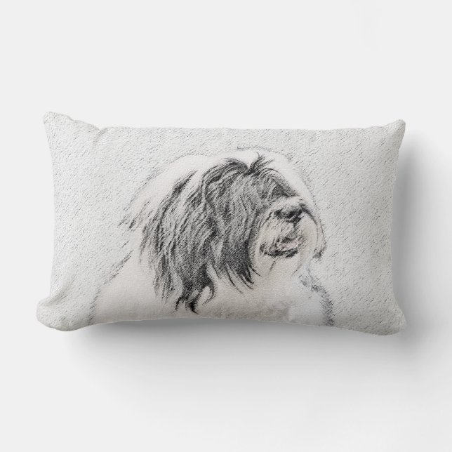 Ritning av Bearded Collie - Söt Original Hundkonst Lumbarkudde (Framsida)