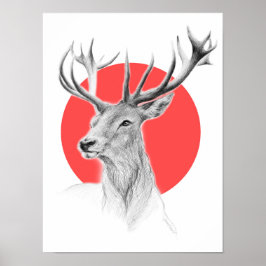 Ritning av hjortporträtt Röd cirkel Djurkonst Poster