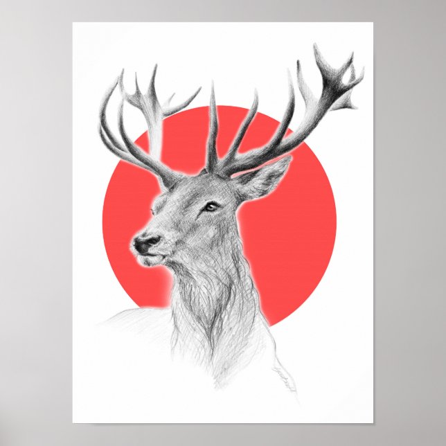 Ritning av hjortporträtt Röd cirkel Djurkonst Poster (Framsidan)