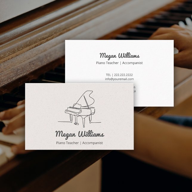 Ritning Flygel Pianolärare Musiklektion Visitkort (Line Drawing Grand Piano Teacher Music Lesson Business Card)