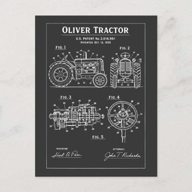 Ritning för Oliver-traktor Patent Konstverk Vykort (Framsida)