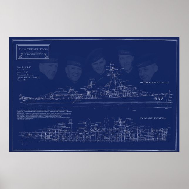 Ritning på USS The Sullivans DD-537 Poster (Framsidan)