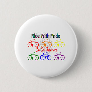 ritt med pride SF--Glad lesbisk cyklist Knapp