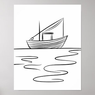 River Fishing Boat Line Art Poster