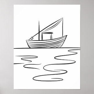 River Fishing Boat Line Art Poster