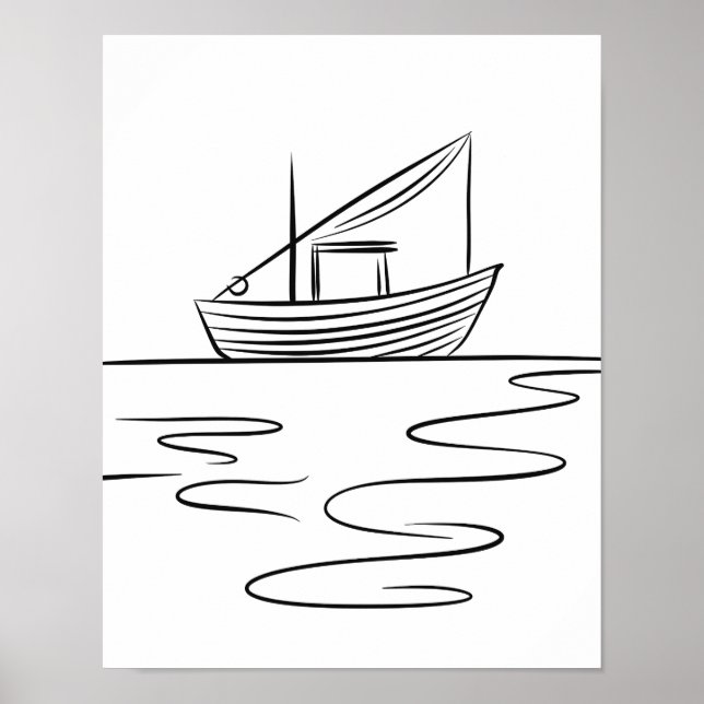 River Fishing Boat Line Art Poster (Framsidan)