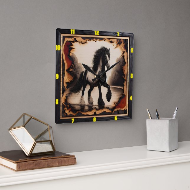 Riverbank Monochrome: Charred Wood Gypsy Vanner Fyrkantig Klocka (Kontor)