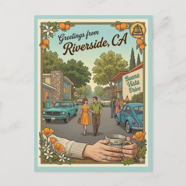Riverside CA Buena Vista Drive 1960-tals stil Vykort (Framsida)