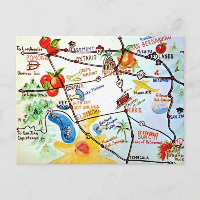 Riverside - färgglad karta över Kalifornien  Vykort (Framsida)