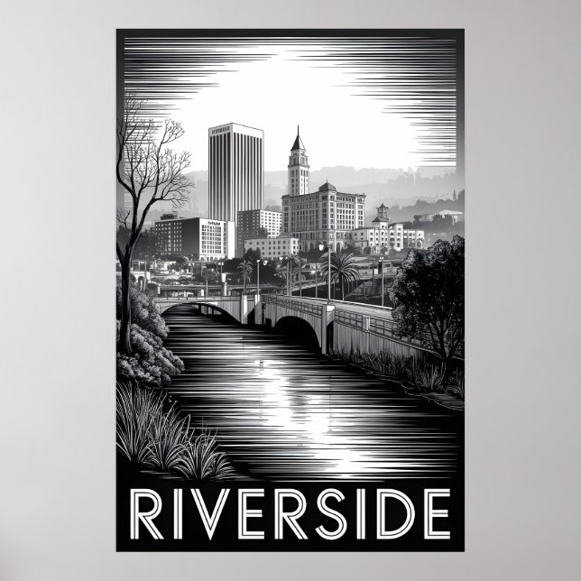 Riverside Kalifornien Svart Vitt Träsnitt Poster (Framsidan)